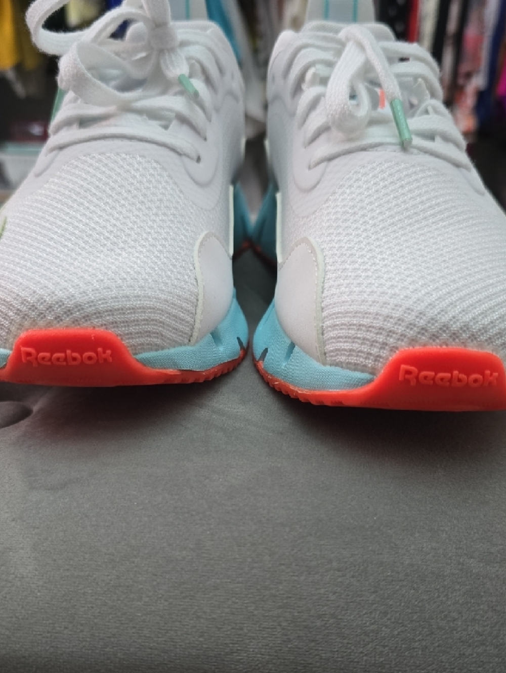 Reebok White Sneakers with Aqua Midsole & Coral Outsole - Picture 8 of 11